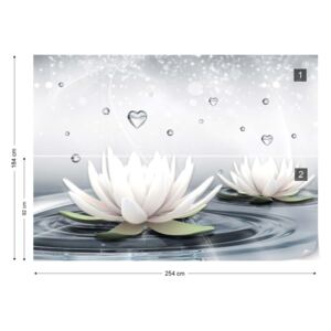 Fototapet GLIX - White Lotus Flowers Water Drops Hearts Calm Spa Tapet nețesute - 254x184 cm