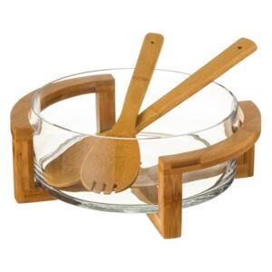 Set bol din sticlă și tacâmuri din bambus pentru salată Unimasa Transparent