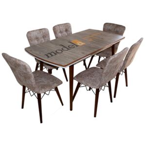 Set masa Elegant Natur MDF picioare lemn + 6 scaune , 160x80x75 cm, blat de mdf, scaune material textil, cod produs E3