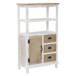 Cabinet din lemn de brad si MDF, cu 3 sertare si 1 usa Marrakech Alb / Natural, l70xA35xH121,5 cm