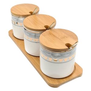 Set pentru Condimente 3 recipiente ceramice cu lingurite si tava din Bambus
