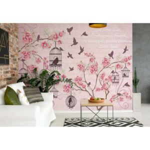 Fototapet - Cherry Blossom And Birds Vintage Design Pink Vliesová tapeta - 312x219 cm