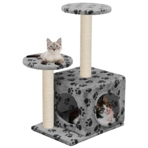 Copac de pisică cu turnuri de sisal, 60 cm, imprimeu cu lăbuțe, gri