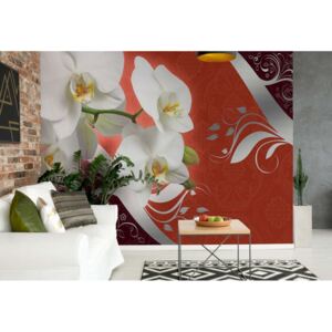 Fototapet - Orchids And Swirls Red Floral Design Vliesová tapeta - 254x184 cm