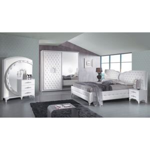 Dormitor Alin, alb/argintiu, pat 267x210 cm, dulap cu 2 usi culisante, 2 noptiere, comoda