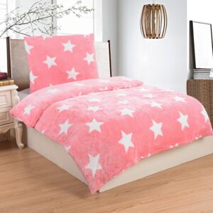 Lenjerie de pat din micropluș My House Stars, 140 x 200 cm, roz-alb