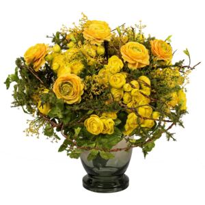 Aranjament floral, buchet cu trandafiri galbeni și limonium, 35 cm
