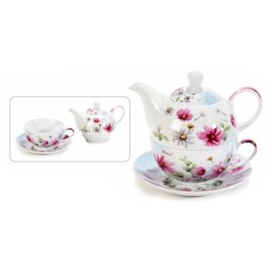 Set ceainic cu ceasca si farfurioara din portelan decor flori roz 16 cm x 10,5 cm x 13,5 h