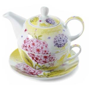 Set ceainic cu ceasca si farfurioara din portelan decor floral roz 16 cm x 15 cm x 14 h