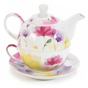 Set ceainic cu ceasca si farfurioara din portelan decor floral roz 16 cm x 10.5 cm x 13.5 h