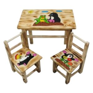 Masă din lemn pentru copii cu model Cârtiță + 2 scaune
