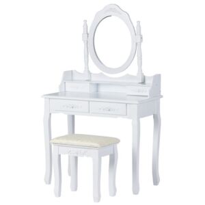 Set Masa Toaleta pentru Machiaj cu Oglinda Ovala si Sertare + Scaun, Stil Modern, Culoare Alb