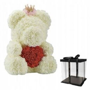 Ursulet Floral BIG 40 cm DeLuxe Queen Alb cu Inimioara Rosie cu coronita + cutie de cadou ManiaMagic