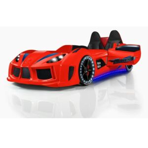 Pat în formă de automobil cu lumini LED pentru copii Racero, 90 x 190 cm, roșu