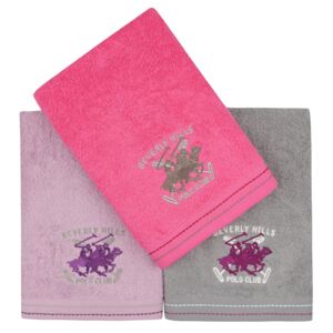 Set Prosoape De Maini Beverly Hills Polo Club Fucsia Violet Grey, 100% bumbac, 3 bucati, roz, mov, gri, 50x90 cm