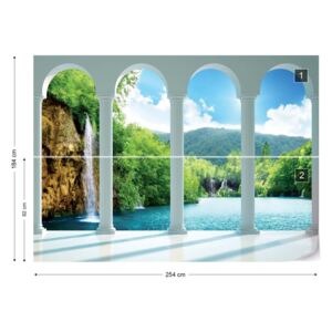 Fototapet GLIX - Waterfall Lake Forest 3D Archway View Papírová tapeta - 254x184 cm
