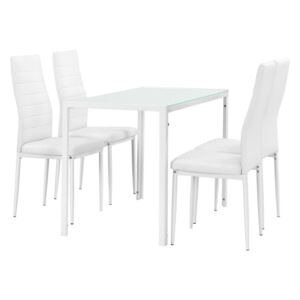 Set design masa de bucatarie/salon Hamburg,105 x 60 cm, 4 scaune, otel, sticla, imitatie piele, alb