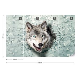 Fototapet GLIX - Wolf 3D Bursting Through Brick Wall Tapet nețesute - 416x254 cm