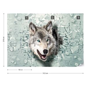 Fototapet GLIX - Wolf 3D Bursting Through Brick Wall Tapet nețesute - 312x219 cm