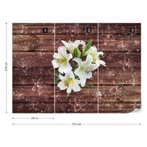 Fototapet GLIX - White Flowers Wood Plank + adeziv GRATUIT Tapet nețesute - 312x219 cm