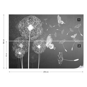 Fototapet GLIX - Dandelions And Butterflies In Grey Papírová tapeta - 254x184 cm
