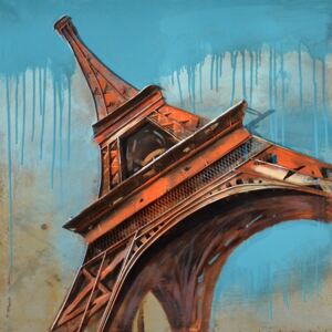 Falc Tablou pe metal striat - Orange Eiffel Tower, 80x80 cm
