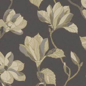 Tapet model floral cu magnolii in nuante de auriu, gri si bej pe fundal negru, D610215E