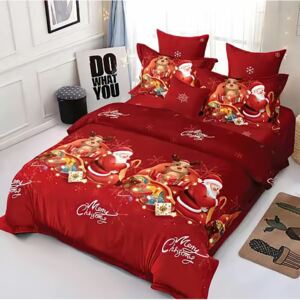 Lenjerie de pat matrimonial cu 4 huse de perna dreptunghiulare, Red Santa, bumbac mercerizat, multicolor