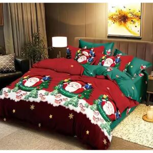Lenjerie de pat matrimonial cu 4 huse de perna dreptunghiulare, Merry Christmas Santa, bumbac mercerizat, multicolor