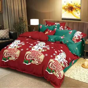Lenjerie de pat matrimonial cu 4 huse de perna dreptunghiulare, Christmas Snowman, bumbac mercerizat, rosu si verde