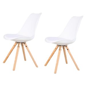 Set 2 scaune din plastic cu picioare din lemn si sezut tapitat cu piele ecologica Ice White, l46xA43xH81,5 cm