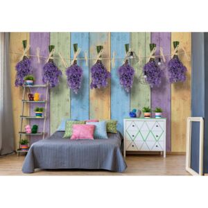Fototapet - Lavender Bunches On Painted Wood Plank Wall Vintage Style Vliesová tapeta - 254x184 cm