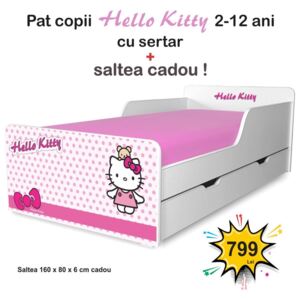 Pat copii Hello Kitty 2-12 ani cu sertar si saltea cadou