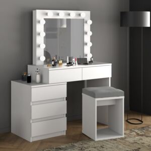 SEA539 - Set Masa toaleta, 112 cm, cosmetica machiaj oglinda masuta vanity, oglinda cu LED-uri cu sau fara scaun - Alb