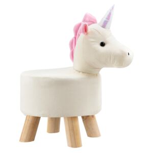 [en.casa] Scaun taburet pentru copii Pingo, model Unicorn, 45 x 28 x 48 cm, 150 Kg, lemn/flanel, alb