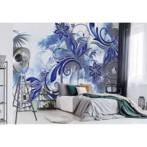Fototapet - Flowers And Swirls Abstract Art Blue And Grey Vliesová tapeta - 312x219 cm