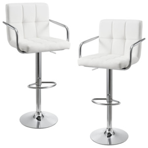 2 x scaune bar design capitonate - cu cotiere, rotative, inaltime reglabila, imitatie piele - alb