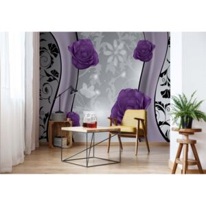 Fototapet - Purple Roses Floral Design Purple And Silver Papírová tapeta - 184x254 cm