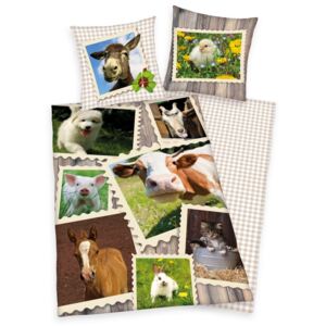 Lenjerie de pat, din bumbac, Animale la fermă, 140 x 200 cm, 70 x 90 cm