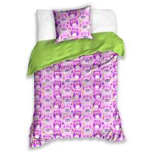 Lenjerie de pat Bufnițe, din bumbac, violet, pentru copii, 140 x 200 cm, 70 x 90 cm