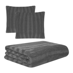 Set pătură și huse pernă din blană artificială, negru, 3 piese