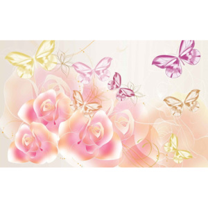 Butterflies Flowers Roses Fototapet, (368 x 254 cm)