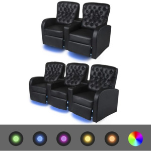 Canapea cu LED, 2+3 locuri, piele artificială, negru, 2 piese