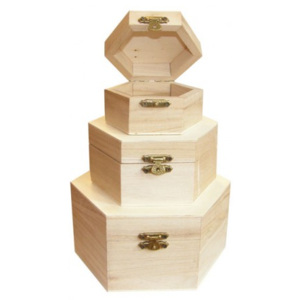 Set 3 cutii lemn hexagonale cu capac