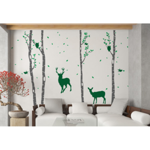 Birch grove - autocolant de perete Verde + trib gri 330 x 230 cm