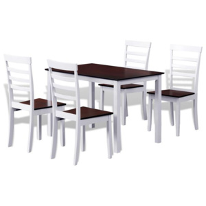 Set masă cu 4 scaune din lemn masiv, maro și alb