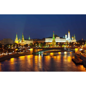 City Moscow River Bridge Skyline Night Fototapet, (250 x 104 cm)