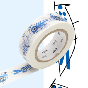 Bandă washi MT Masking Tape Retrobirds, alb - albastru