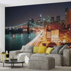 New York City Skyline Night Fototapet, (211 x 90 cm)