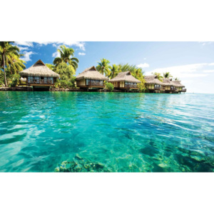 Island Caribbean Sea Tropical Cottages Fototapet, (211 x 90 cm)